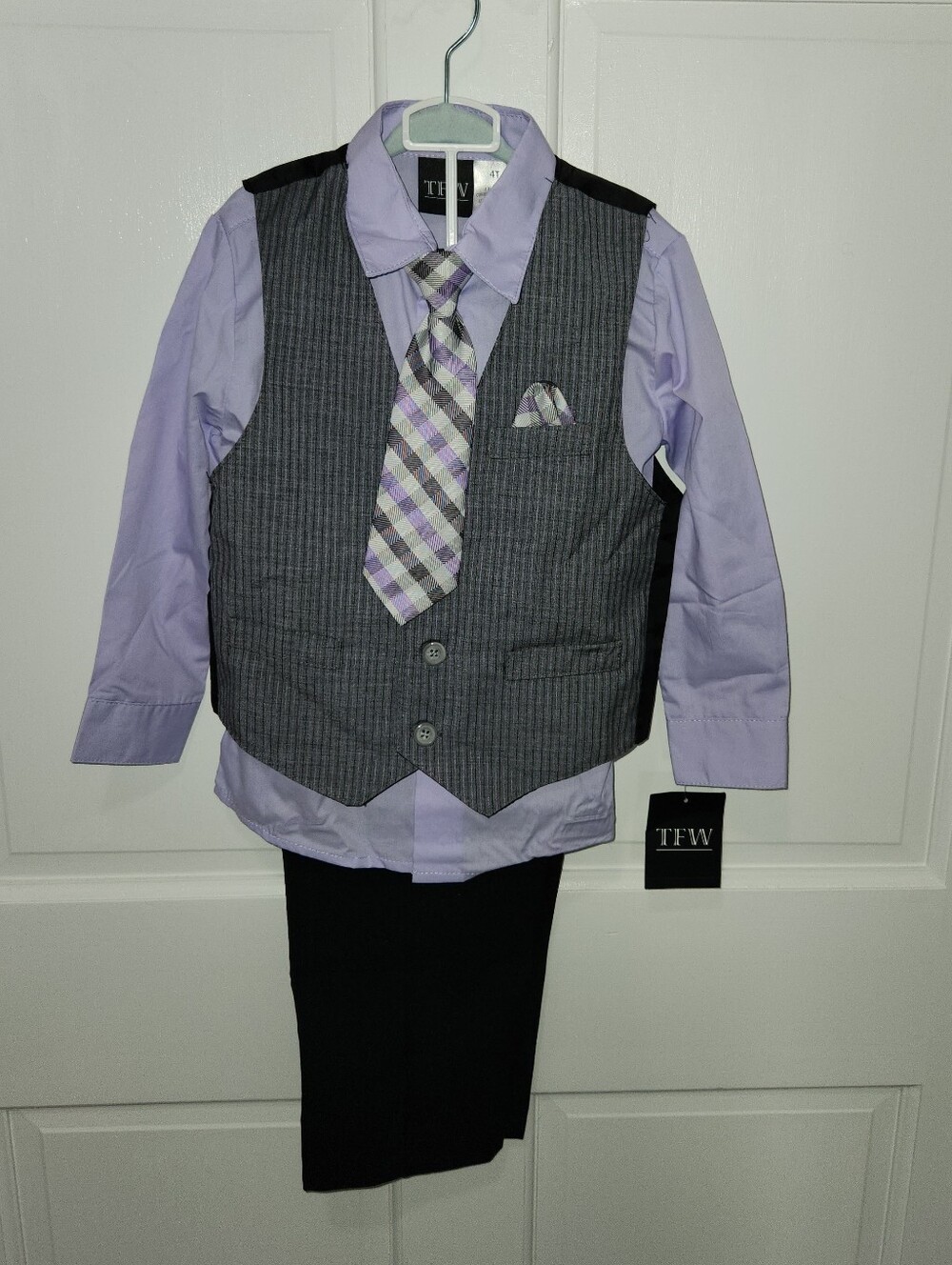 TFW Boys' Lavender Button-Down Shirt with Gray Pinstripe Vest
